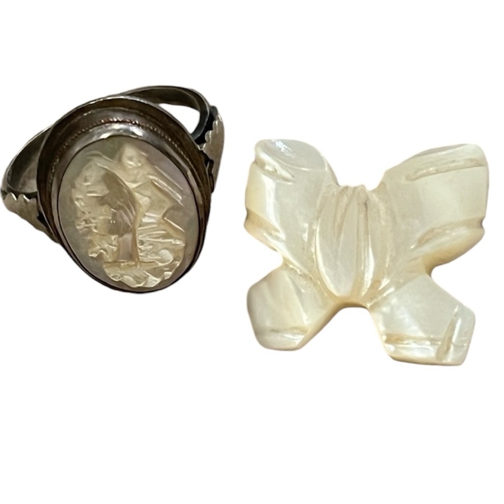 Mother of Pearl Greek Goddess Ring & Bow Pin Vintage